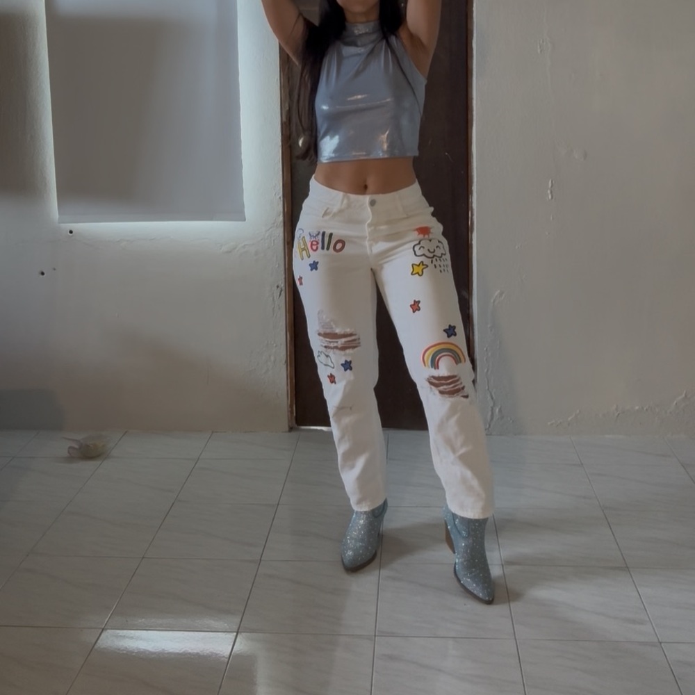 White Straight Leg Jeans with Rainbow & Cloud Graphics